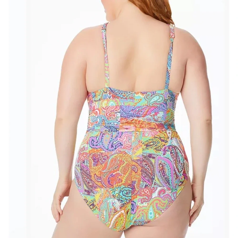 Bleu Rod Beattie Paisley Halter One‎ Piece Swimsuit Plus Size 16W Multi Color